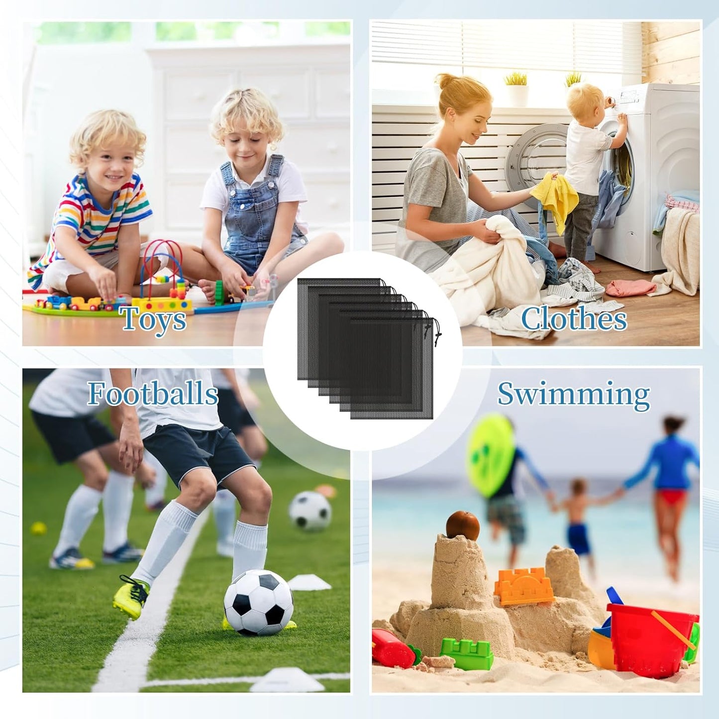 Skiennix 6 Pcs Drawstring Mesh Storage Bags - 14x17 Inch, Ideal for Gym, Laundry & Beach (Black)