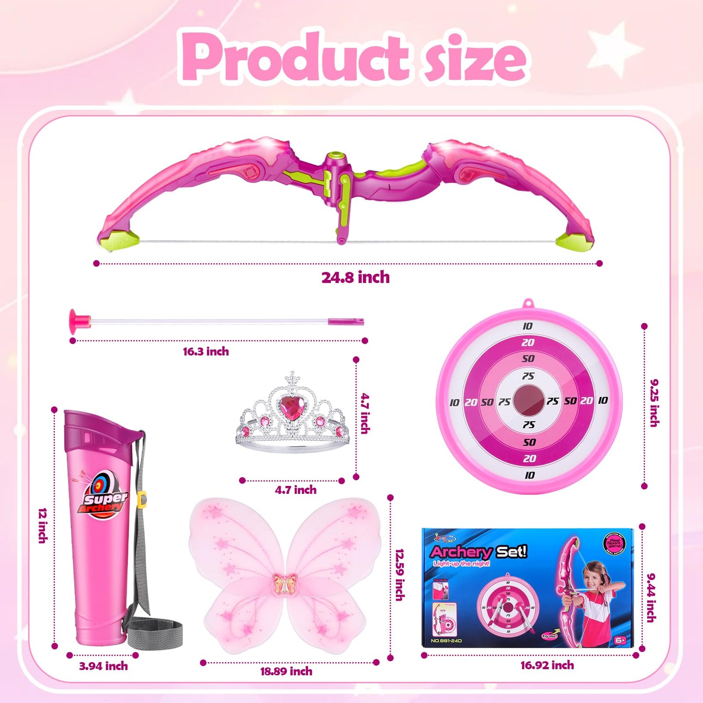 OWNONE 1 Pink Bow and Arrow Set for Girls, LED Light Up Archery Set with 10 Suction Cup Arrows, Target, Fairy Wings & Princess Crown, Birthday Gift Outdoor Toys for Kids Girls Ages 3-12