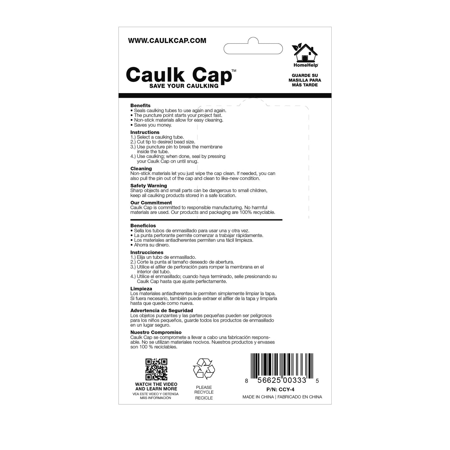 Caulk Cap CCY, Reusable Caulk Tube Sealers with Built-in Puncture Pin,6 Pack