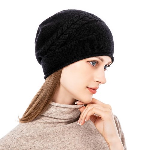 QUEENFUR Knit Slouchy Beanie Hats for Women Cashmere Ski Cap Knitted Wool Soft Warm Winter Hat (B02A-Black)