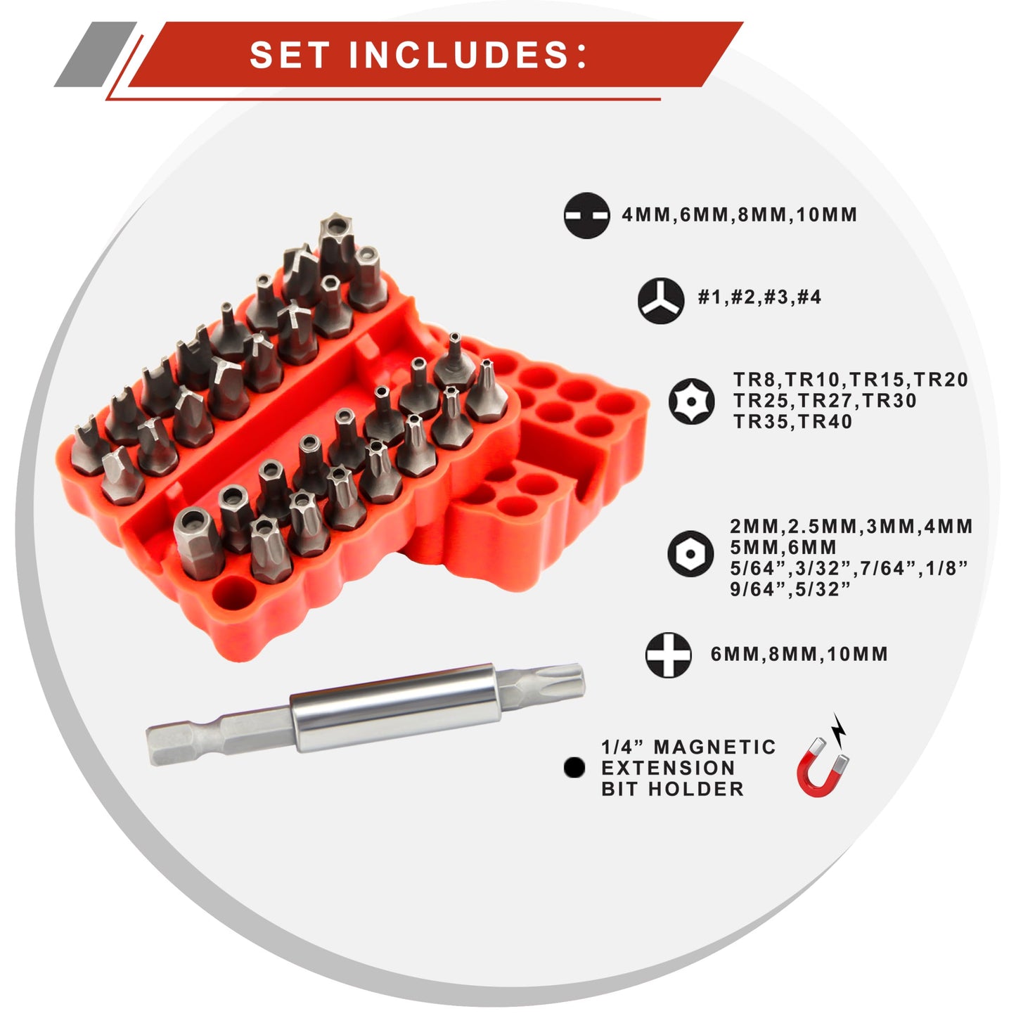 34pcs Security Bit Set 1/4 Inch Hex Shank Screwdriver Bit Set,Tamper Proof Bits-Torx+Hex+Tri Wing+Star+Spanner for Torx Security Screwdriver Set,High Hardness Impact Driver Bit Set(Red+Wrench)