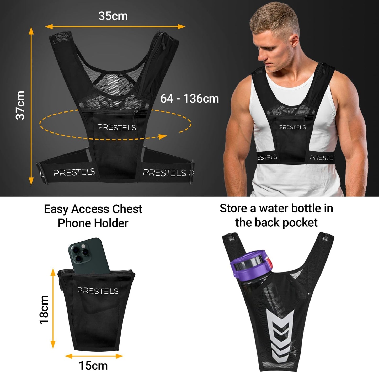 PRESTELS Running Vest Phone Holder for Men & Women, Reflective Running Chest Pack, Adjustable Breathable Vest with Multiple Pockets for Phone, Water Bottle, Keys & Essentials