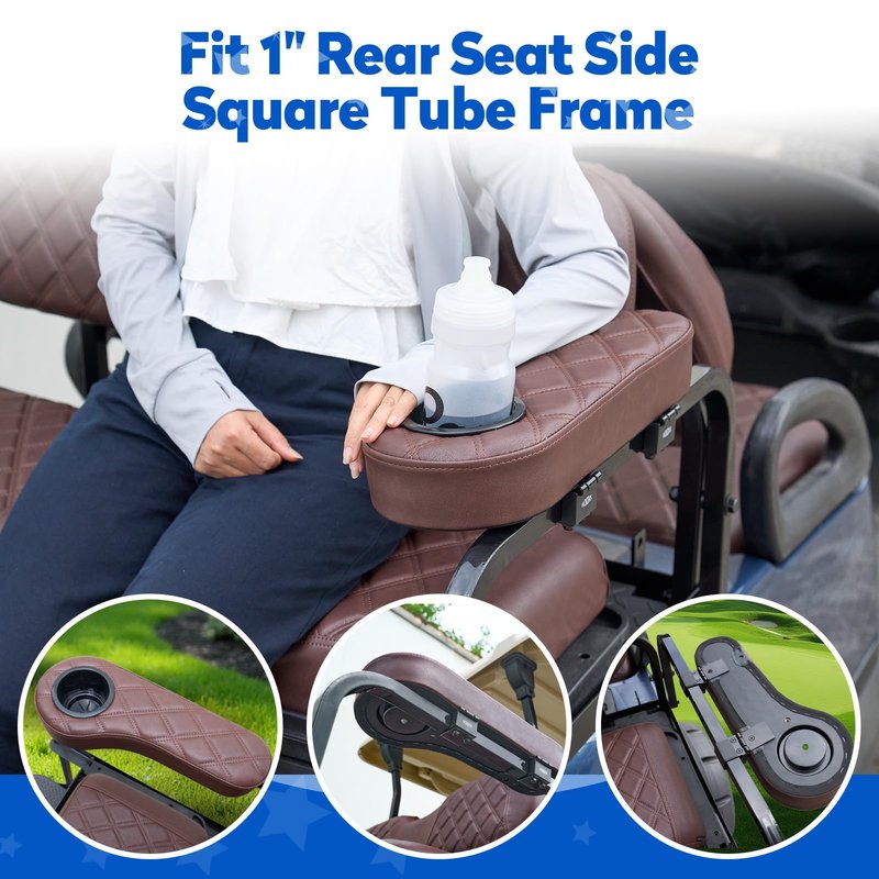 NOKINS Golf Cart Armrest with Cup Holder for EZGO/Club Car/Yamaha, No Drilling Required, Golf Cart Flip Hinged Armrest for Rear Seat with 1 inch Square Tube Frame (Brown&Brown 8438)