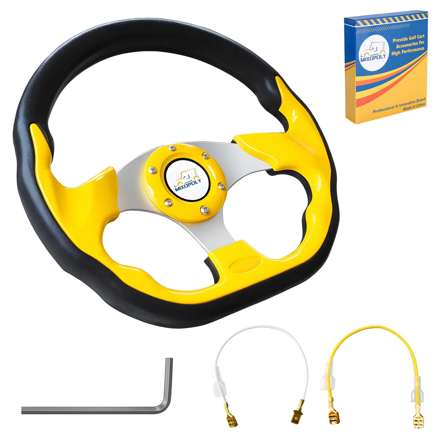 Mixopoly 12.5" Universal Golf Cart Steering Wheel fits Club Car DS/Precedent/Onward/Tempo, Yamaha, and EZGO TXT/RXV Golf Cart, Anti-Slip and Good Grip (D-Shape, Yellow)