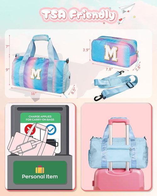 Girl Must Haves-Girl Gym Bag with Shoe Compartment, Kid Personalized Weekender Overnight Bags, Travel Tote with Makeup Pouch, Gift for 3 4 5 6 7 8 9 10 11 12 Year Old Girls (Letter S)