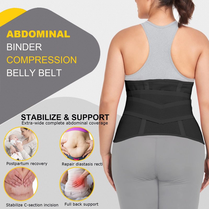 QEESMEI Postpartum Belly Band Abdominal Binder Post Surgery C-section Belly Binder Wrap Girdle Recovery Belt Back Support (Small/Medium, Black)