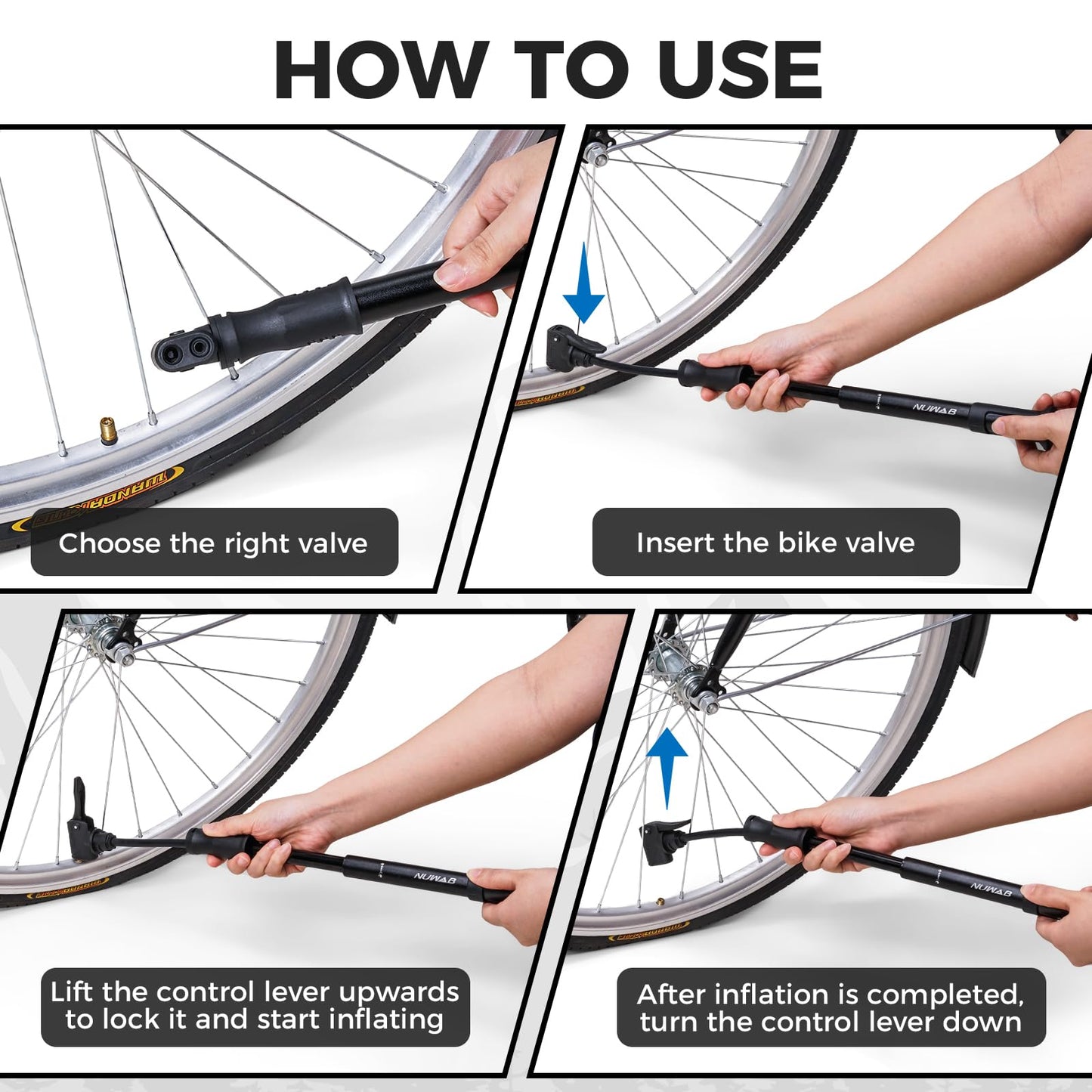 NUWAB Mini Bike Pump with Gauge, 10 Inch Portable Hand Bicycle Pump, 100PSI, Support Shrader and Presta, Fast Air Out Ball Pump, Work with All Bikes and Balls, Swimming Ring