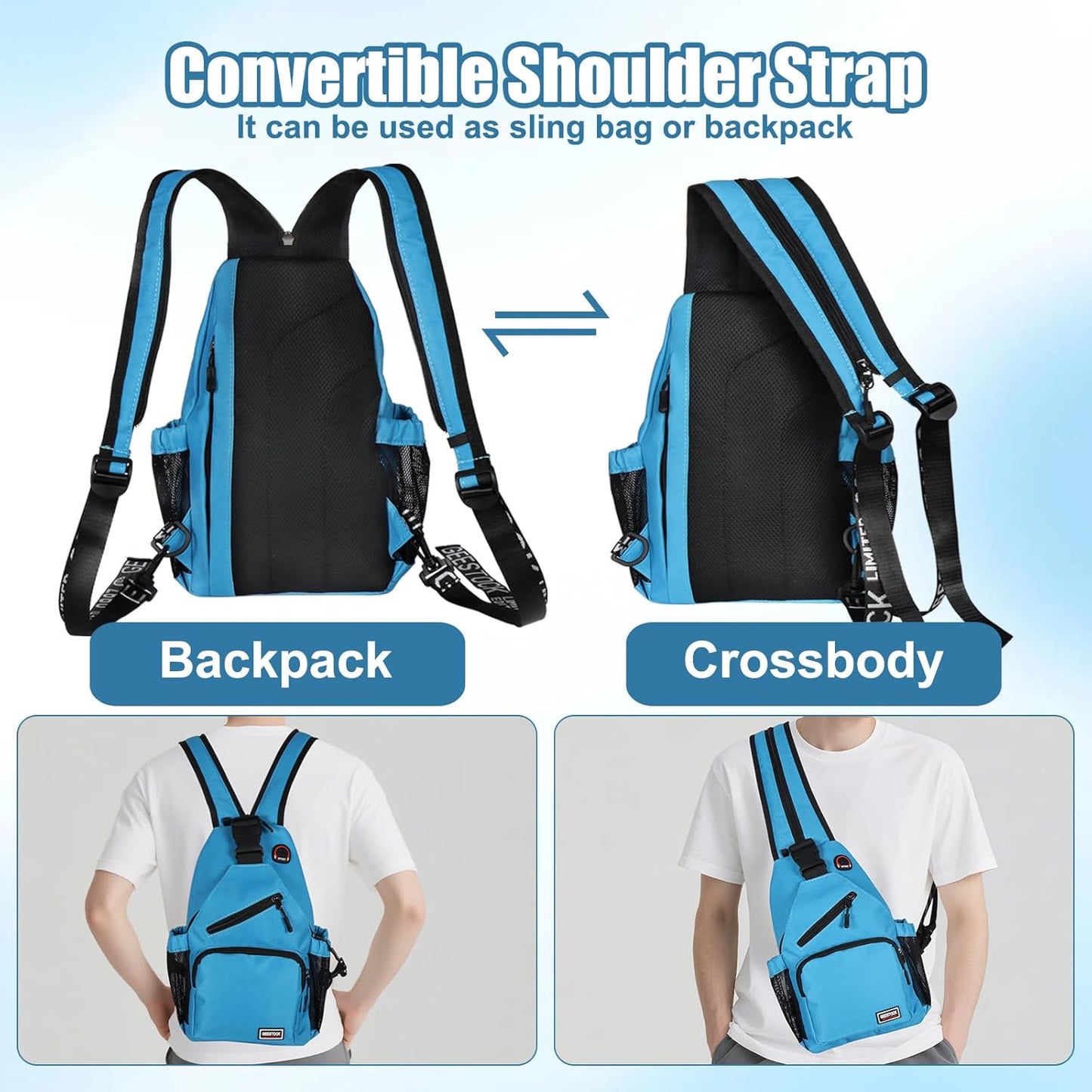 Skiennix Crossbody Backpack - Convertible Sling Bag for Men & Women | Adjustable Strap, 13-Inch, Blue