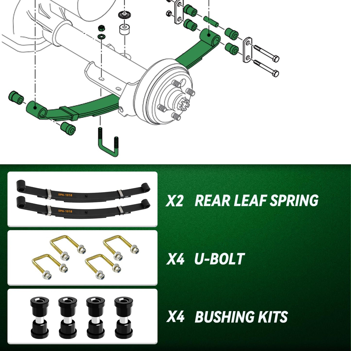 XUANYUDG0769 Heavy Duty 4-Leaf Golf Cart Rear Leaf Spring with Bushings and Sleeves for EZGO TXT 1994-up