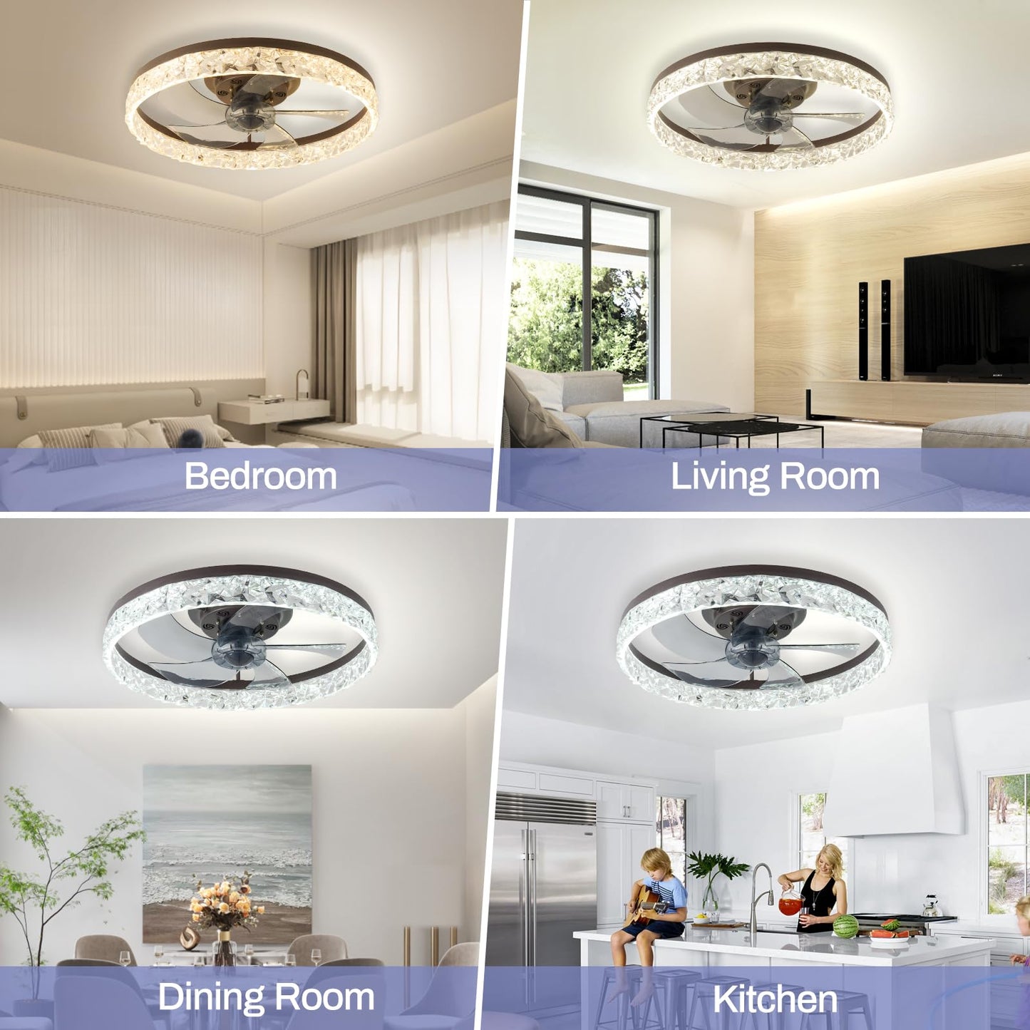 Cainjiazh 20" Low Profile Ceiling Fans with Lights and Remote Fandelier Ceiling Fan Flush Mount 3000K-6500K Smart Bladeless LED Fan Light Brown Modern Ceiling Fans with Lights for Bedroom