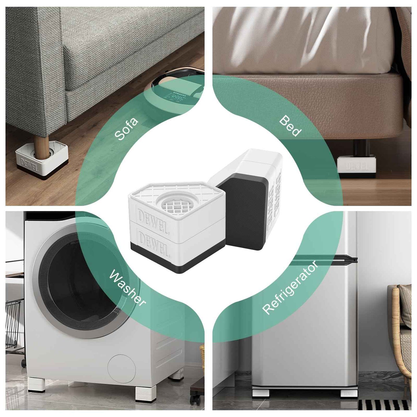 DEWEL Anti Vibration Pads for Washing Machine, 8 Pcs Washer and Dryer Pedestals Stackable Double Heighten Rubber Anti Vibration Pads, Shock Absorption & Non-Slip Floor Protection for Laundry Room