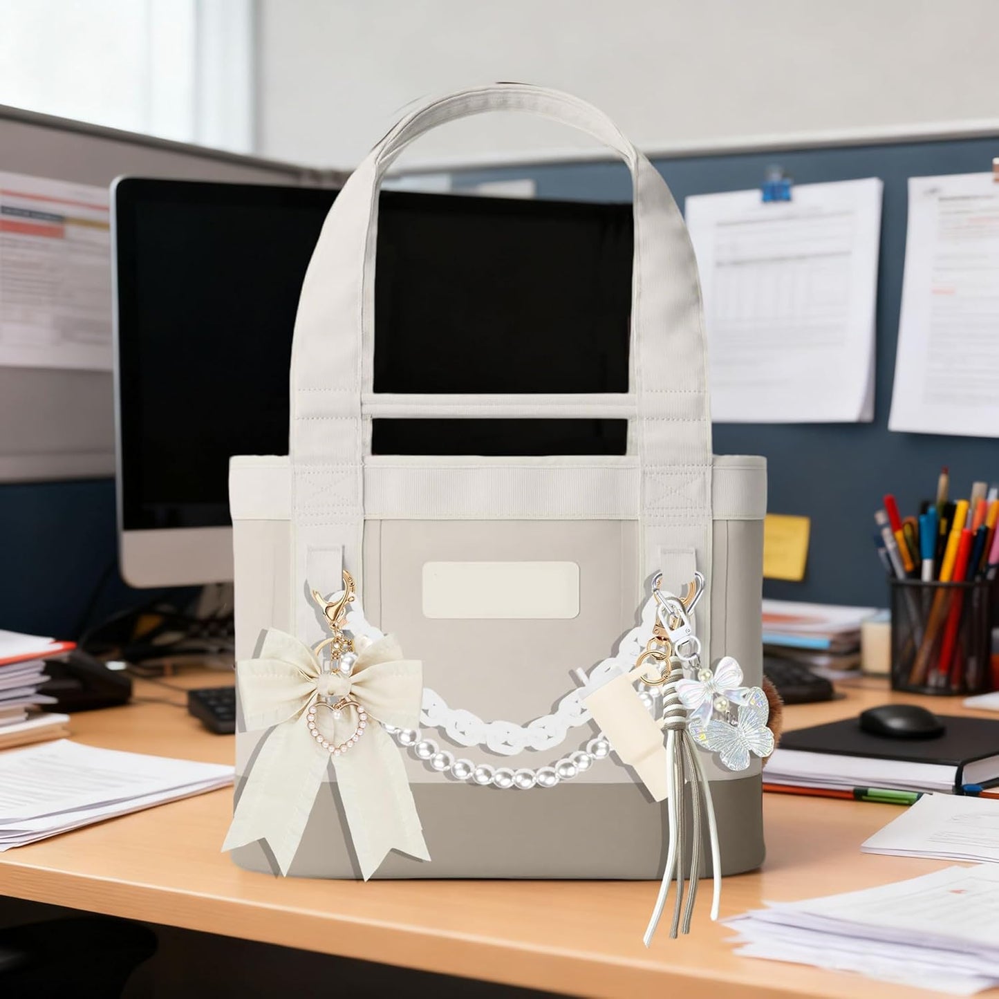 YPINGABS Tote Bag Accessory Set - 7PCS for YETI Camino 20/35/50 & Bogg Bags | Pearl Bow, Acrylic Chain, Mini Tumbler Keychain, Butterfly Charms (White)