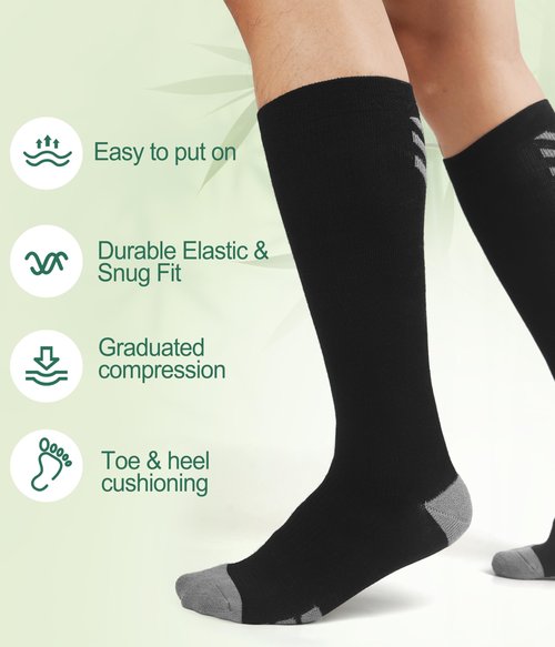 JODUCE Bamboo Viscose Compression Socks for Men & Women 3 Pairs,15-25 mmHg Knee-High Socks Support for Flying Travel Daily（Black,L/XL）