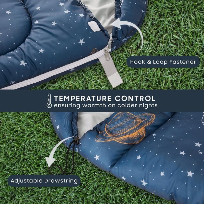 Wake In Cloud - Kids Sleeping Bag for Boys Toddlers, Camping in Warm Cold Weather, Backpacking Lightweight Compact Outdoor Liner for 3 Seasons, Space Stars Rockets Galaxy, Navy Blue