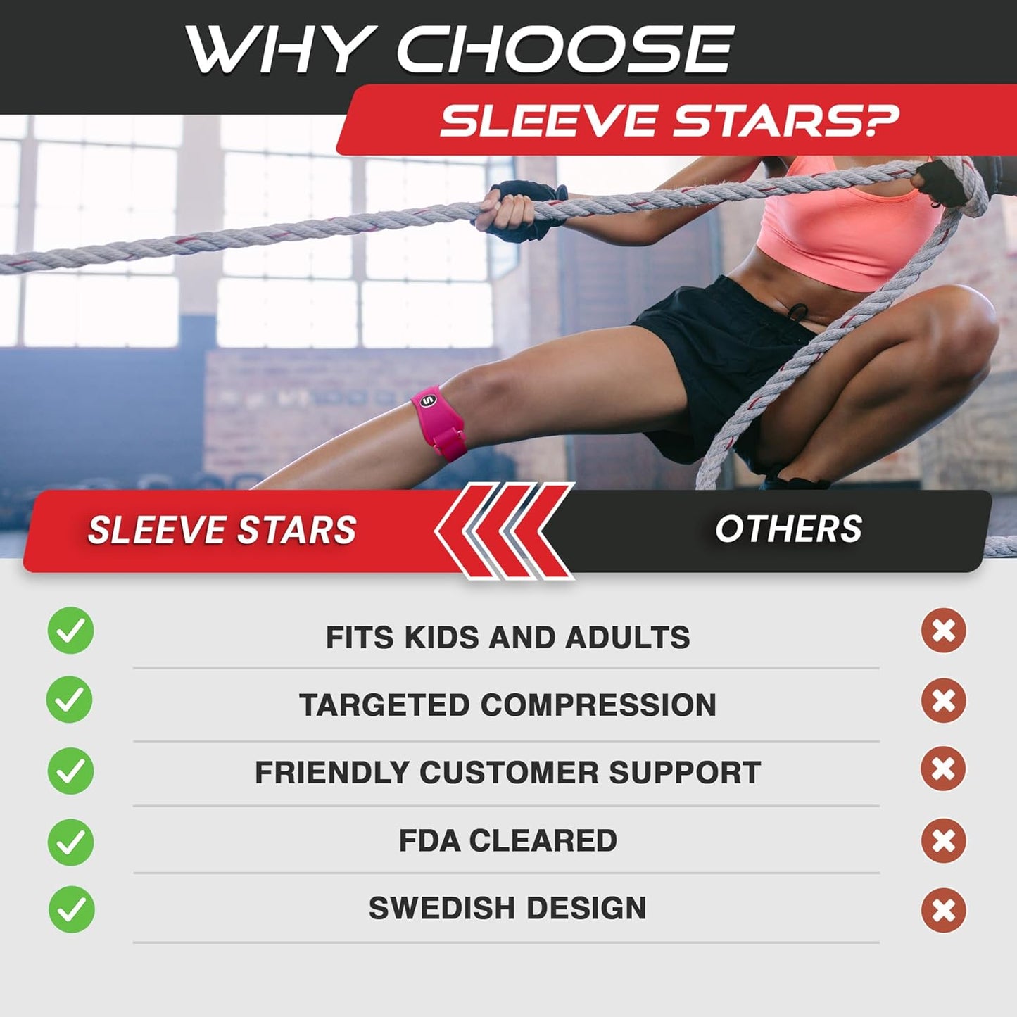 Sleeve Stars Patellar Tendon Support Strap - Effective Osgood Schlatter Knee Brace for Adults & Kids | Adjustable 12"-24" Hot Pink