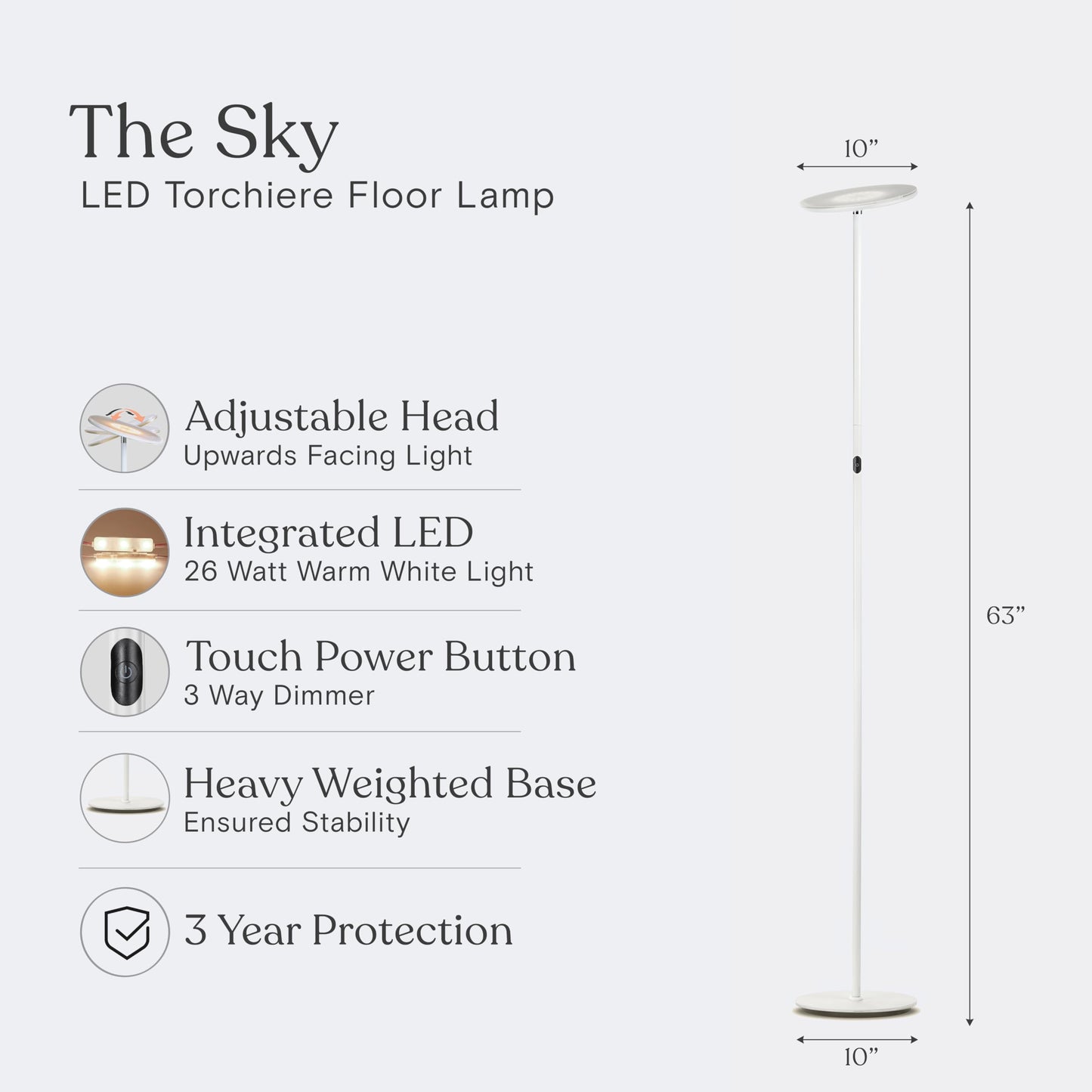 Brightech Sky LED Torchiere Super Bright Floor Lamp - Contemporary, High Lumen Light for Living Rooms and Offices - Dimmable, Indoor Pole Uplight for Bedroom Reading - White