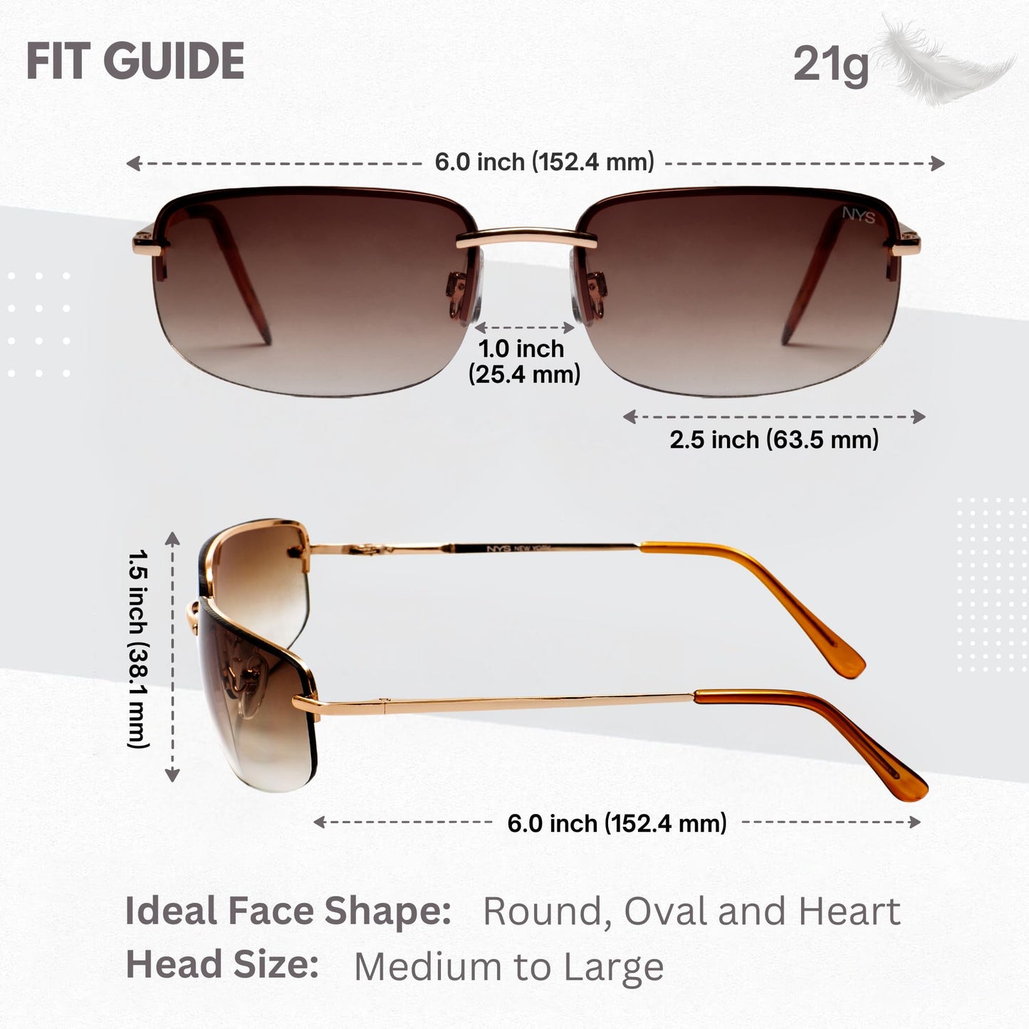 NYS Collection Rimless Gradient Sunglasses for Women & Men, Lightweight, Comfortable, UV400 (Gold Metal Frame/Brown Gradient Lens)