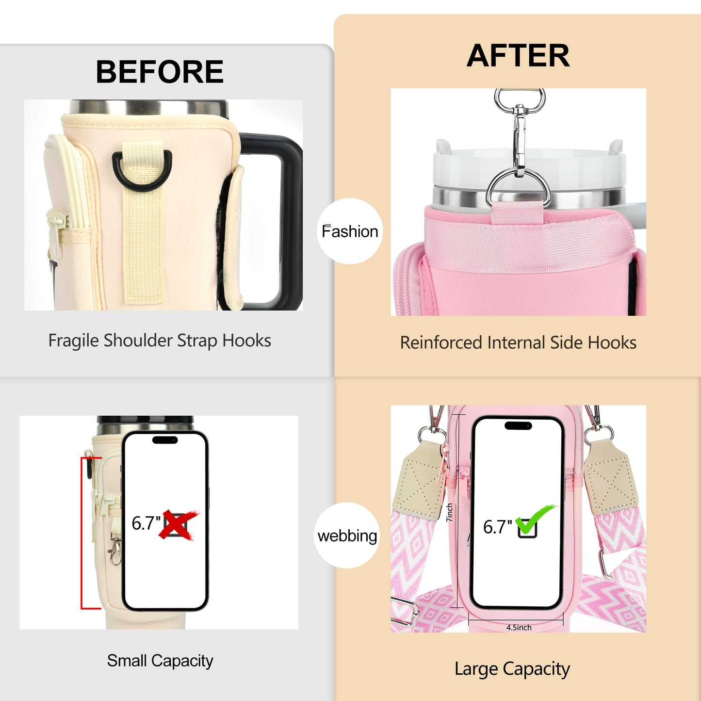 LOKASS Personalized for Stanley Cup Accessories 30oz, Initial Stanley Cup Holder with Strap, Cup Carrier Bag Water Bottle Holder with Phone Pocket Gifts for Women,Girls,Travel,Walking,Work