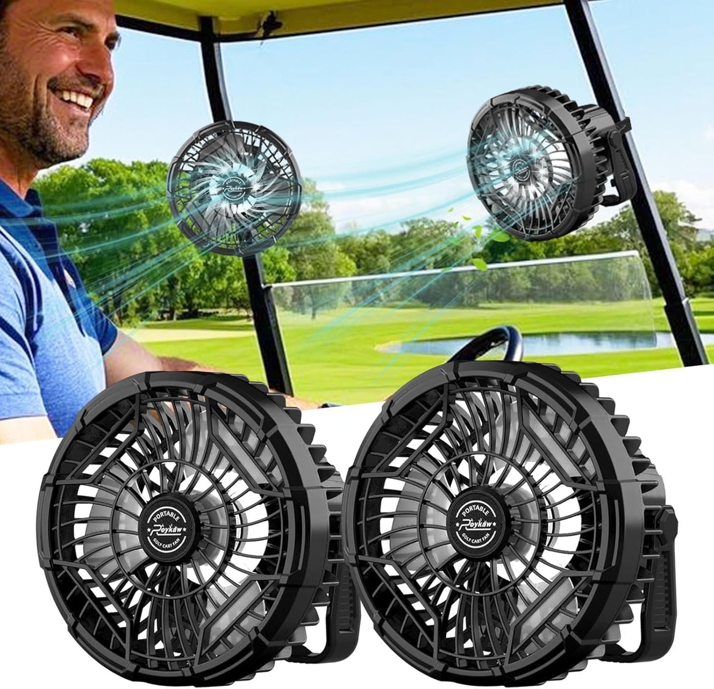 Roykaw Golf Cart Fan 10400 mAh Rechargeable Battery Powered, 24 Hrs Work Portable Fan with LED Light for Nighttime Drive, Cordless Remote Control, Compatible with EZGO Club Car Yamaha, 2PCS