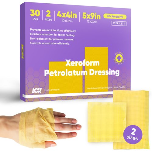 30 CT Xeroform Petrolatum Dressing – Non Stick Gauze Pads – 4" x 4" & 5" x 9" Occlusive Dressing – Fine Mesh Sterile Petroleum Gauze Dressing for Wound Care, Burns, Lacerations, & Skin Grafts
