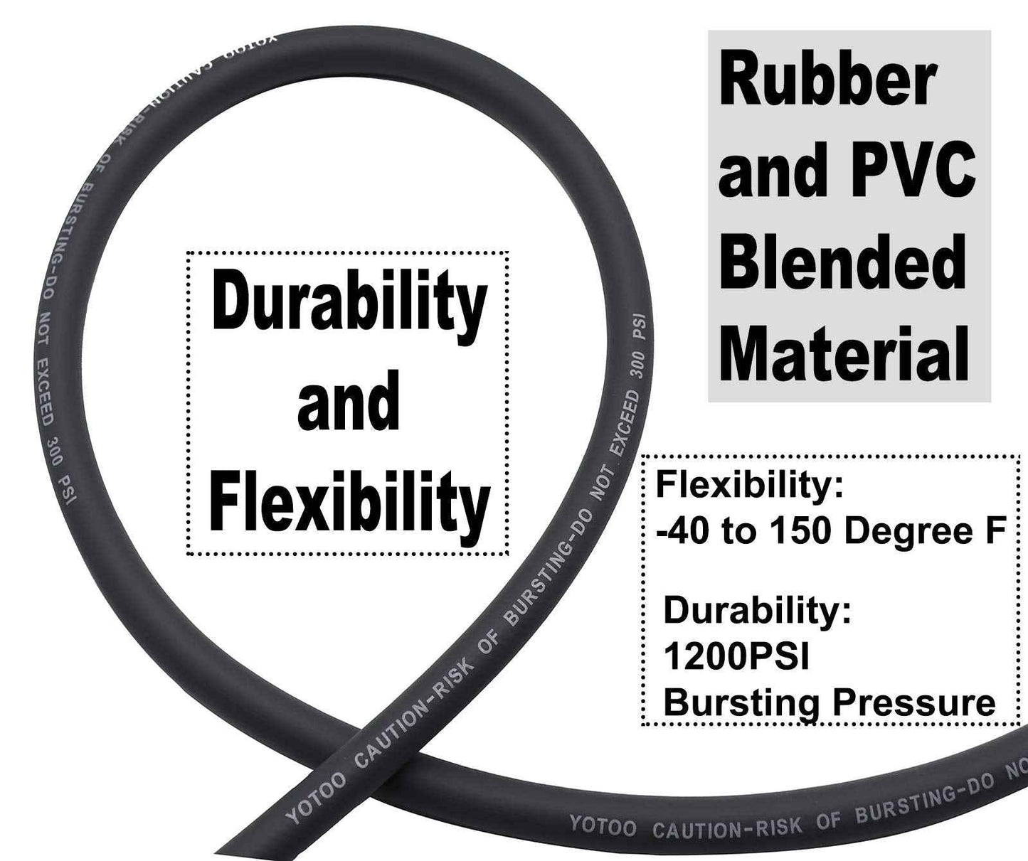 YOTOO Hybrid Lead-in Air Hose 3/8-Inch by 10-Feet 300 PSI Heavy Duty, Lightweight, Kink Resistant, All-Weather Flexibility with 1/4-Inch Brass Male Fittings, Bend Restrictors, Black