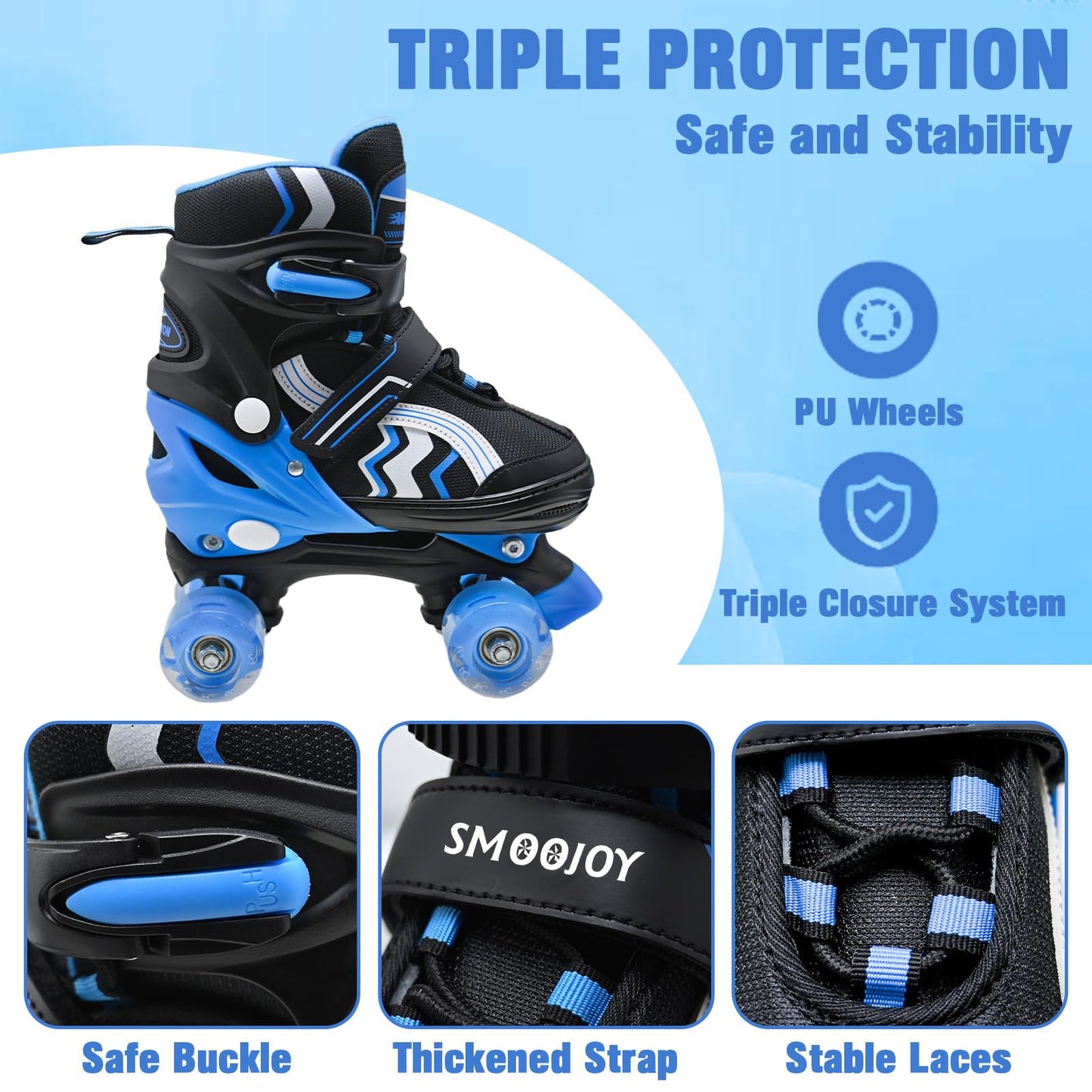 SMOOJOY Kids Roller Skates for Boys and Girls Adjustable Blue Black Skate with All Light up Wheels Ages 6-12 for Beginner in Outdoor Indoor Sports.