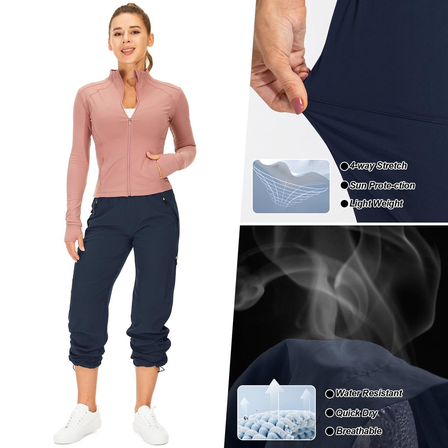 Womens Hiking Pants Quick Dry UPF 50 Lightweight Travel Golf Cargo Safari Pants Zipper Pockets,6608,Blue,Petite L