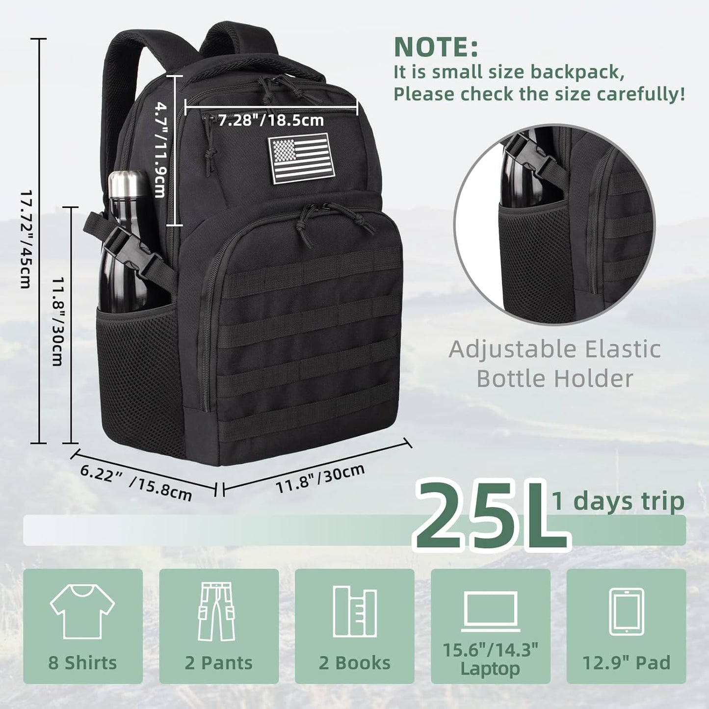 TBNBO Military Tactical Backpack - 25L Black Hiking Bag with Side Bottle Holders for Men