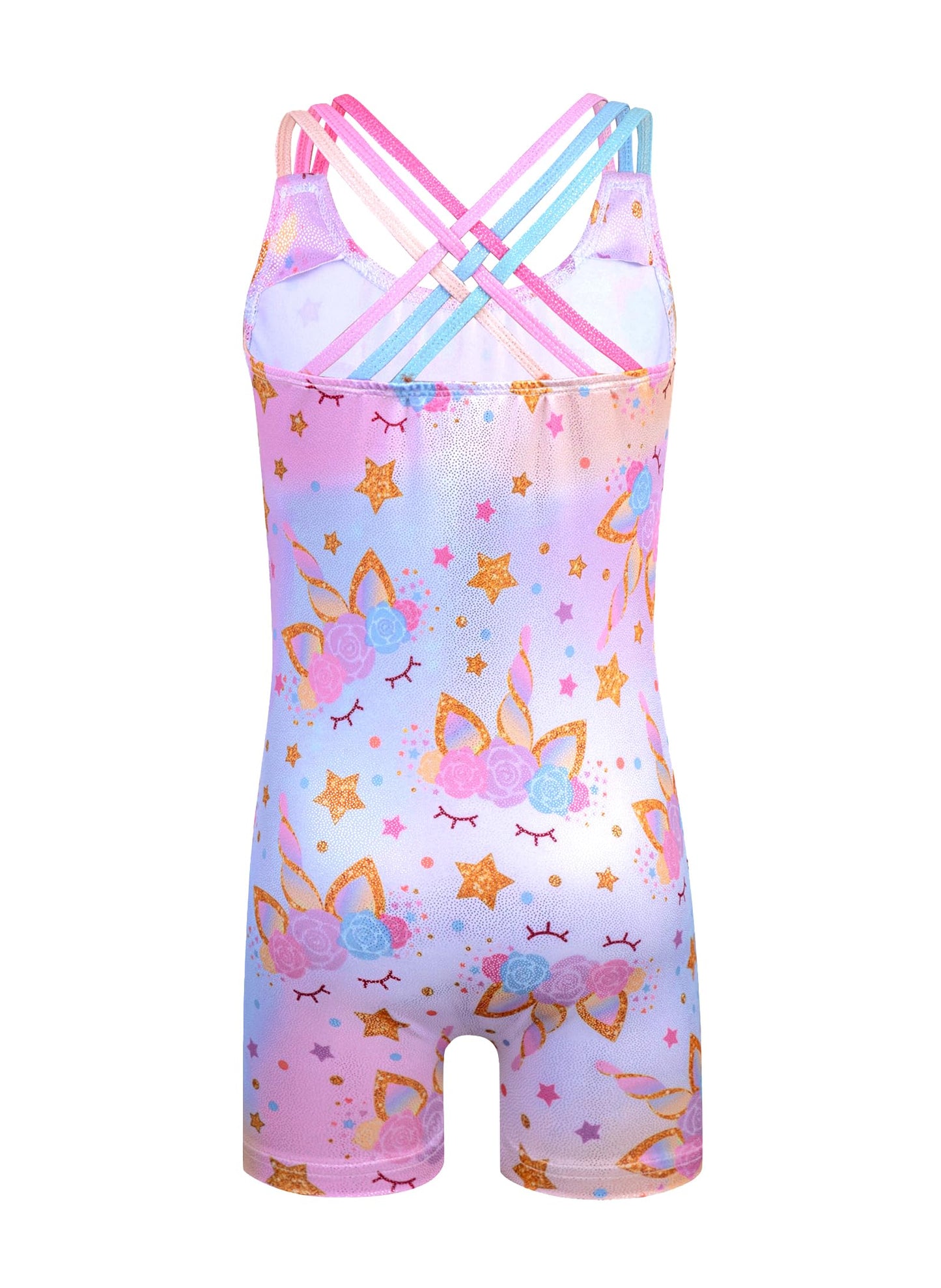 HOZIY leotards for gymnastics kids size 7-8 years gold glitter unicorn rainbow crisscross strap Tumbling Outfits Biketard Practice Sparkly ropa de gimnasia para niñas