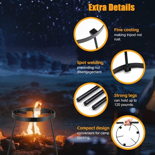 Campfire Tripod, Portable Cast Iron Campfire Cooking Tripod for Open Fire, Cooking Tripod for Campfire with Three Legs for Barbecue Hiking Party Outdoor