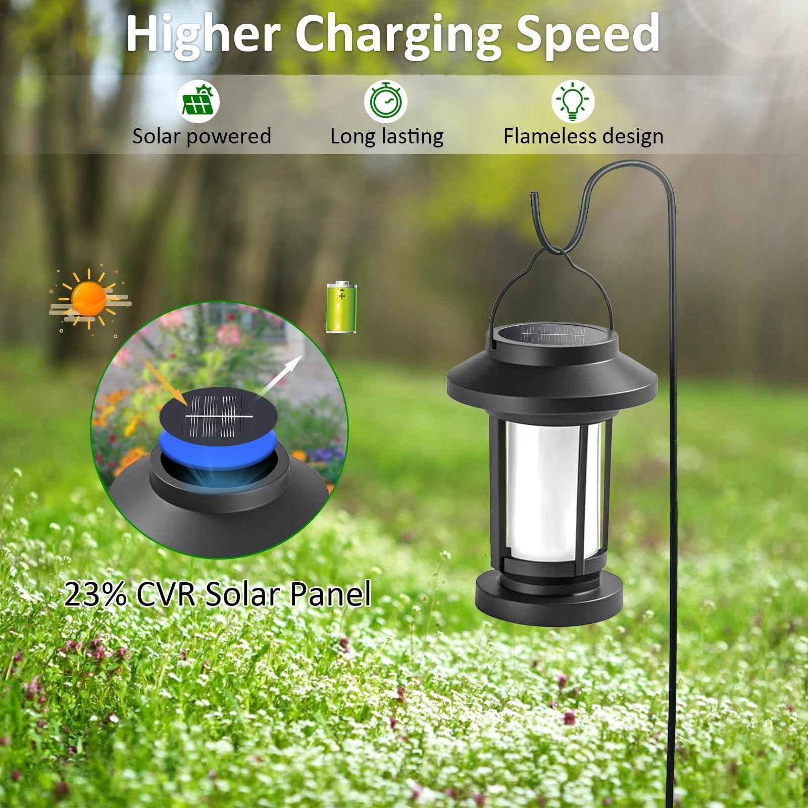 Derynome Solar Lantern Outdoor Lights, 2 Pack Upgraded Flickering Flameless Solar Lights Outdoor Waterproof, Hanging Decorative Lanterns for Yard Patio Path Garden Decor (2)