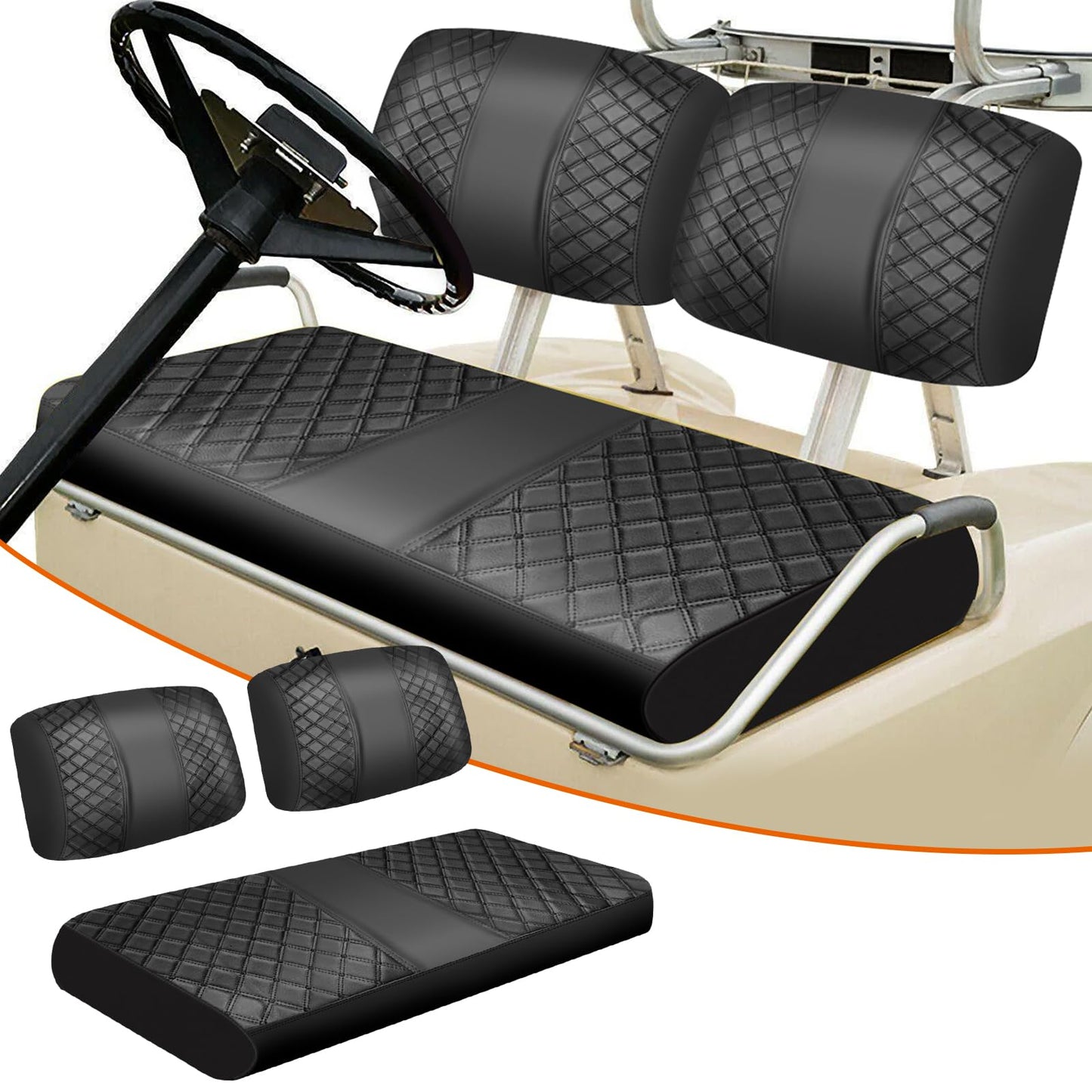 ZWPARTS Staple On Golf Cart Front Seat Covers Black Diamonds PU Leather Seat Covers Replacement for Club Car DS 1982-2000