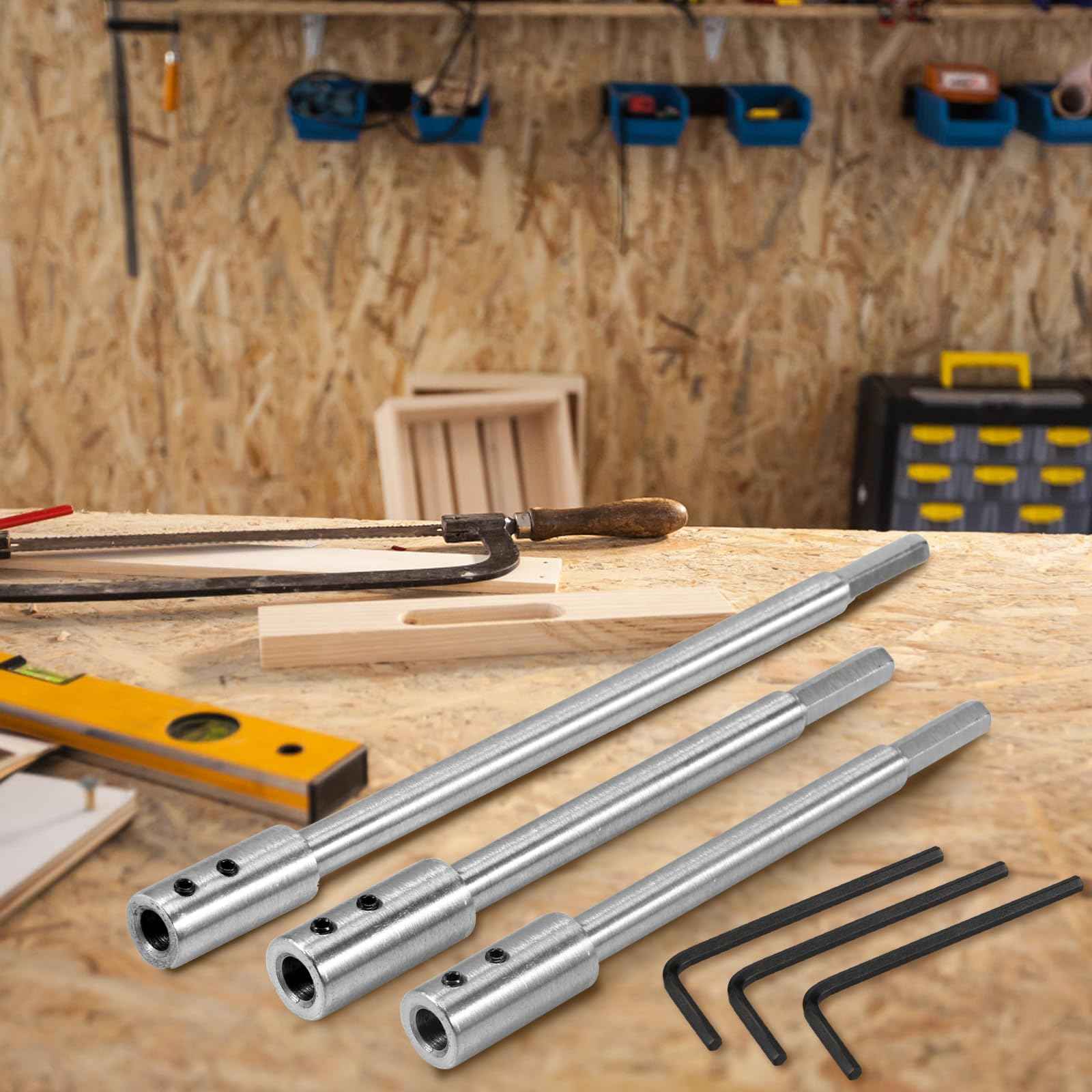 FALESOUL 3Pcs Forstner Bit Extension for 3/8" Round Shank, High-Carbon Steel Wood Spade Drill Bit Extender, for Adding Over 8+3/4 inches to 5+3/8 inches inches of Drilling Depth (10+6.7+6.6 inch)