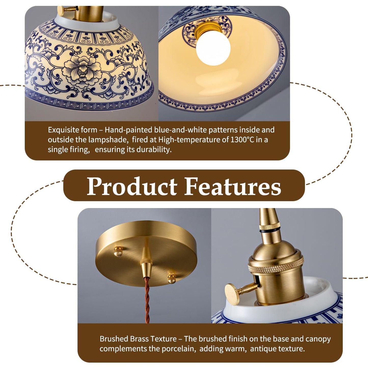 7in Ceramic Pendant Light, Chinese Blue and White Porcelain Pendant Light fixtures, Bedside Light, Hanging lamp for Kitchen Island Light Fixture, Home Bedroom Dining Room Ceiling Hanging Light small