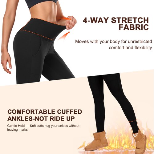 DHSO Warm Fleece Lined Leggings Women with Pockets- Thermal Winter High Waisted Yoga Pants Tummy Control Soft for Workout Dark Grey Large-X-Large