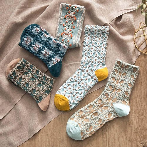 HOMSSEM Floral Crew Socks – 5Pair Flower Graphic Soft Cotton Socks for Women, Teen Girls – for Sandals, – Cute Vibrant Colors (16 Flower)