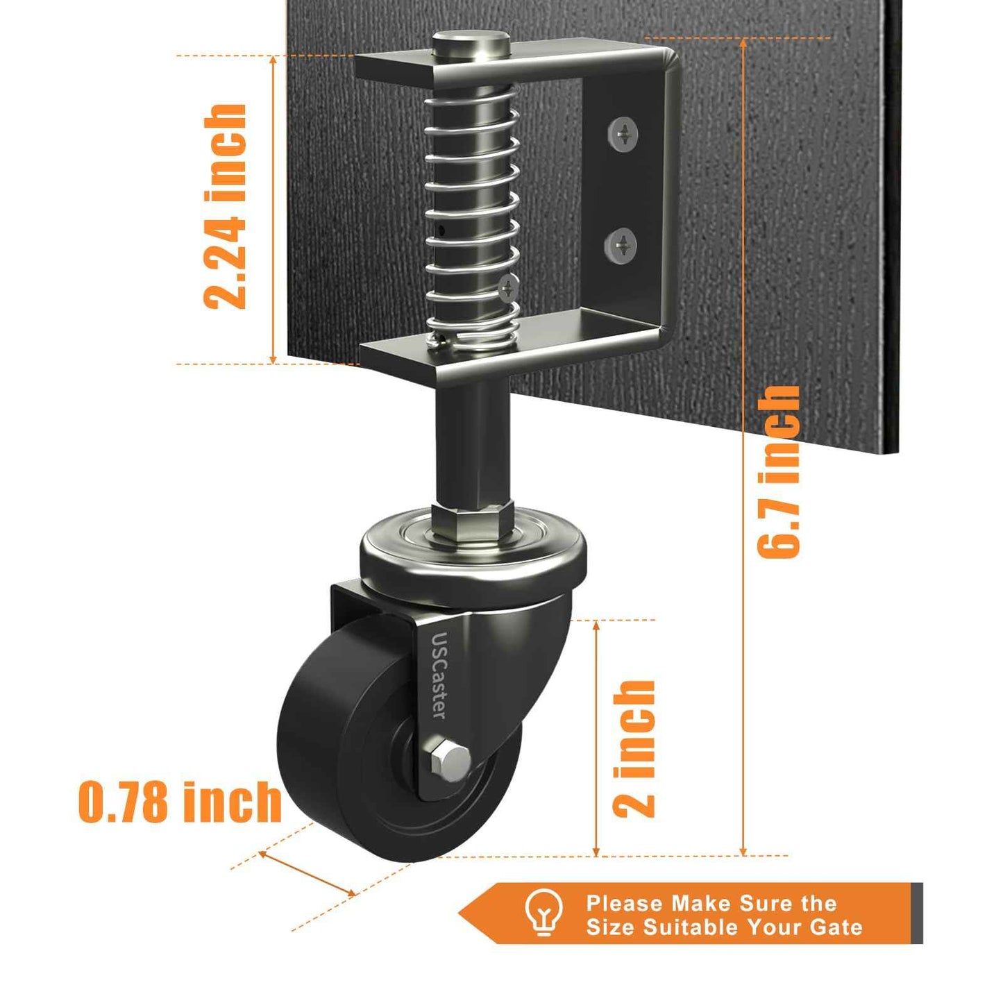 USCaster 1 Pack Gate Caster 2inch Wheel for Wooden Gates - 80lbs Capacity, 360 Rotation, Solid Rubber Tire, Spring-Loaded, Black