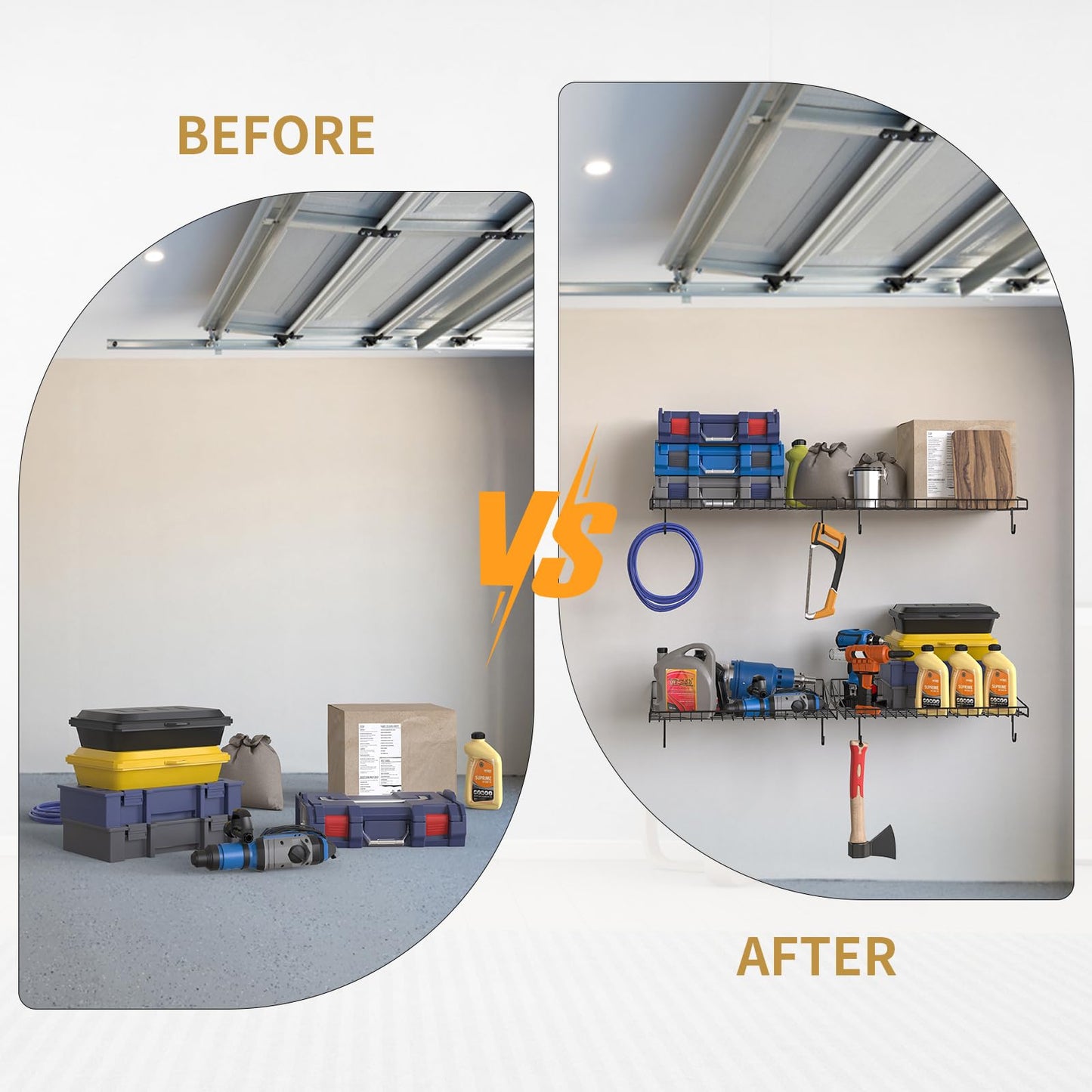 2 Pack Garage Wall Shelf, Garage Wall Mounted Shelving, Heavy Duty Floating Shelves With 4 Hooks, Loads 90 LBS Black Wall Shelves Mesh Storage Rack for Office, Basement, Wall Cabinet and Kitchen