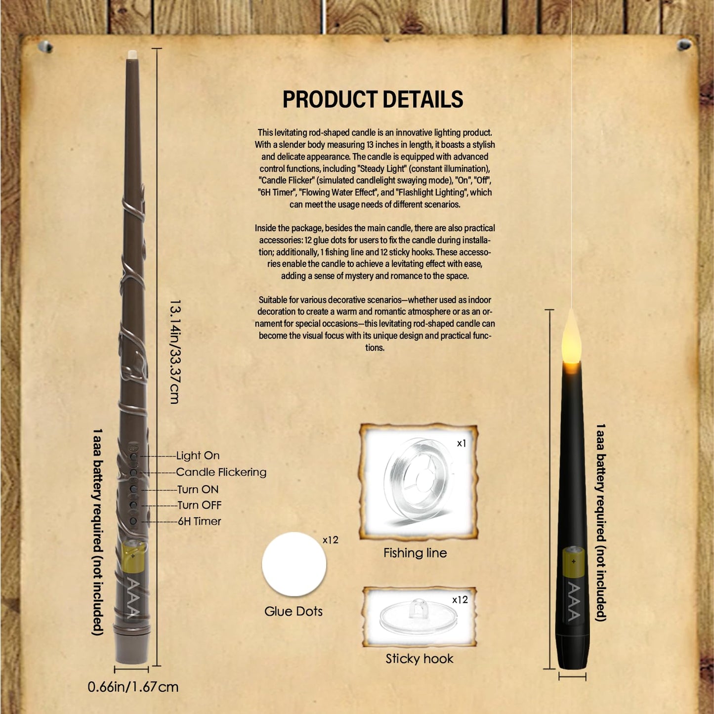 kakoya Flameless Floating Candles with Wand，12 Pcs Magic LED Hanging Taper Candles，Flickering Battery Operated Taper Candle with Wand Remote for Halloween Decorations Best Gift（Black）