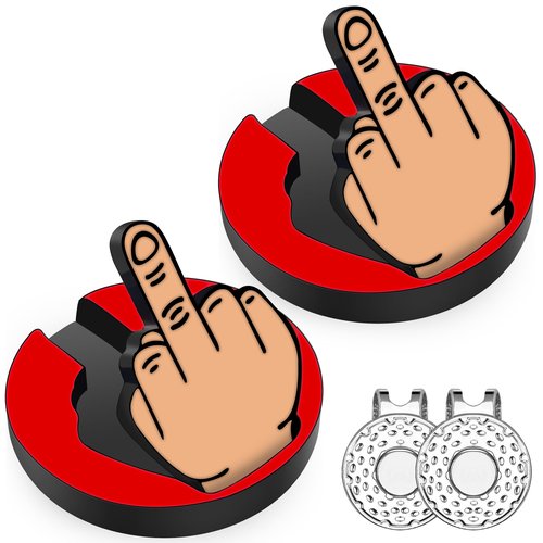 Lousrnman Golf Ball Marker, 2 Pack Movable Funny Middle Finger Ball Marker for Putting Green, Metal Golf Accessories with Magnetic Hat Clip, Gift for Men and Women (2X Red)
