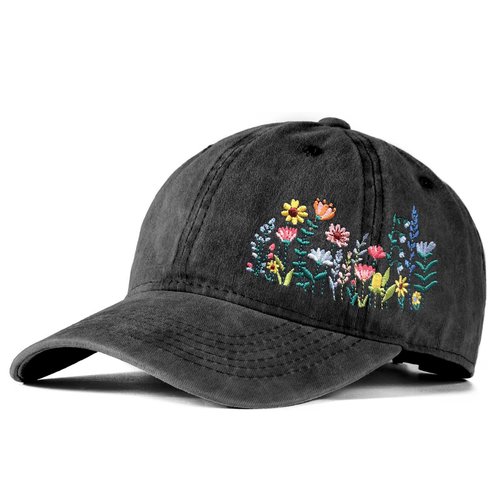 Cute Flower Hat, Elegant Floral Embroidered Adjustable Baseball Cap for Men Women, Gifts for Flower Lovers, Black