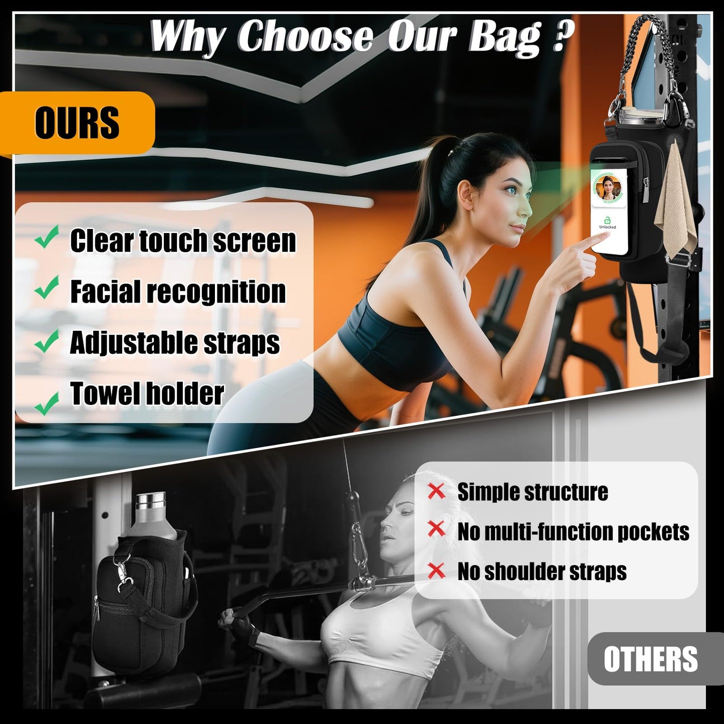 Magnetic Gym Bag for Men, Water Bottle Carrier Holder with Strap, Phone Pockets for Stanley Cup 40 oz Tumbler, Small Bag Gym Accessories for Women with N52 Super Magnet(Black)