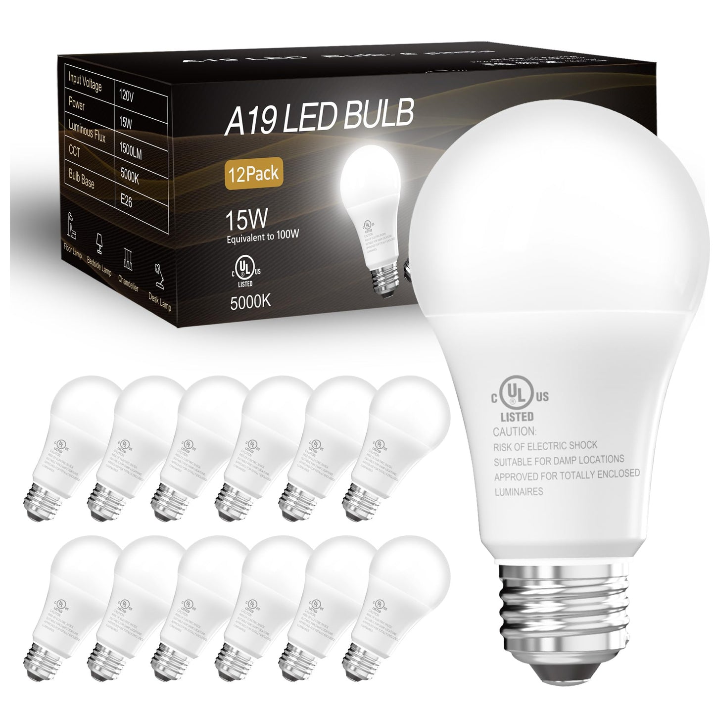 dalattin 12 Pack LED Bulbs Daylight White 5000K, 100 Watt Equivalent A19 Standard Bulbs, E26 Base, 1500 LM, Efficient 15W Energy Saving, Non-Dimmable, 80+ CRI, 120V, UL Listed, for Living Room, Office