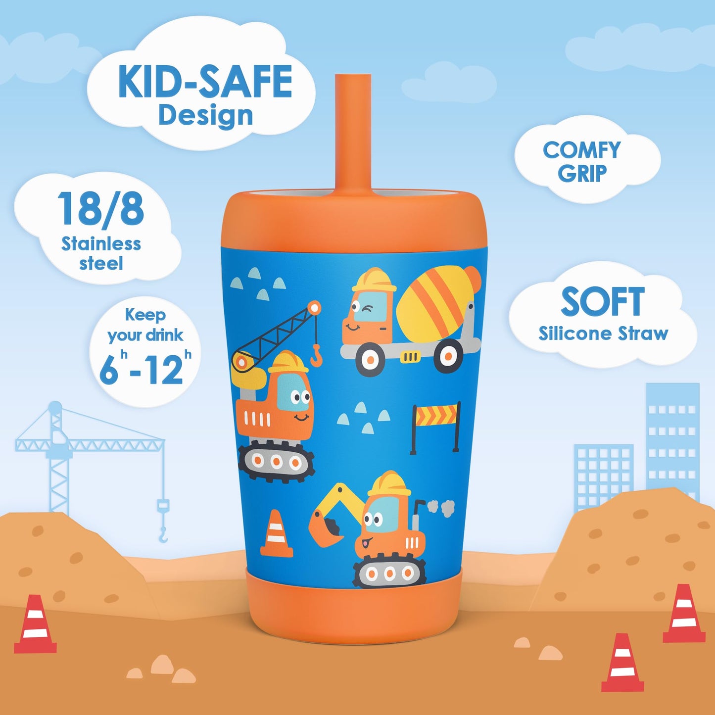 SANDJEST Kid Insulated Stainless Steel Tumbler with Silicone Straw, 12oz Sippy Cup for Kids (Construction Trucks)
