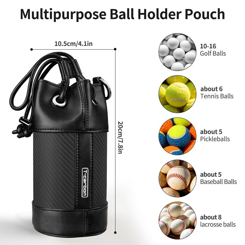 T-carbon Golf Valuables Pouch with Study Bottom, Bucket Golf & Tennis Ball Bag with Drawstrings, Carbon Fiber Leather Ball Holder for Pickleball, Tennis, Lacrosse Balls Accessories, Black