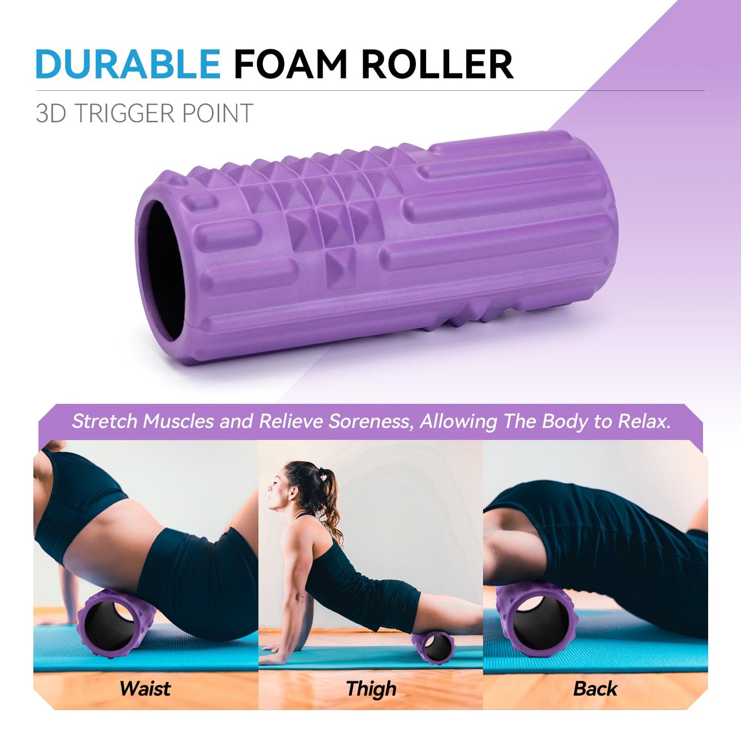 Zmarthumb 5 in 1 Foam Roller Set, High Density Fitness Exercise Foam Roller for Deep Tissue Muscle Massage, Massage Roller, Massage Ball, Resistance Band, for Whole Body(Purple)