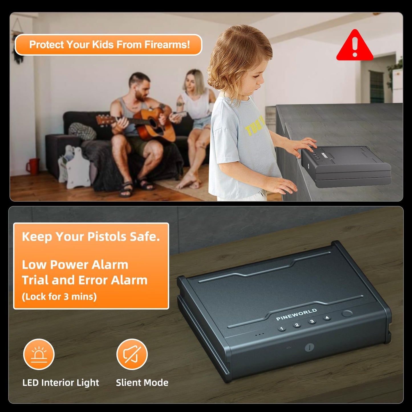 PINEWORLD Biometric Fingerprint Handgun Safe with Raised Backlit Keypad&Key