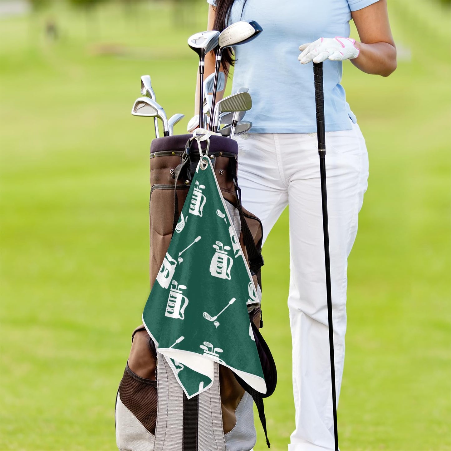Lakiniss Green Golf Theme Golf Towel 24x15 inch Ultra-fine Fiber Absorbent Quick Drying Belt with Heavy-Duty Climbing Buckle, Portable and Durable Cleaning Club/Golf Club for Both Men and Women