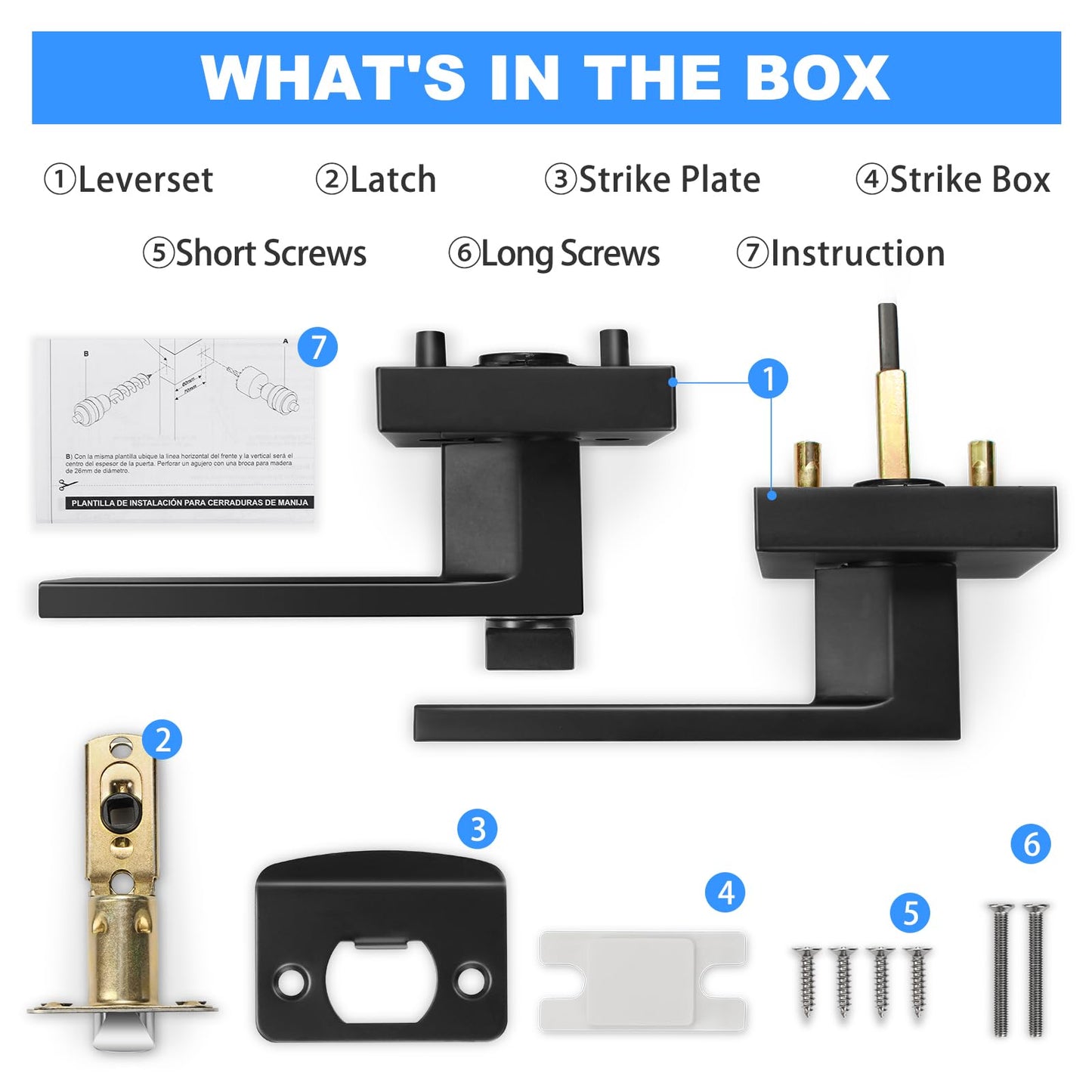 Onateel 6 Pack Modern Black Door Handles Privacy Door Levers Black Door Knobs Interior Reversible Door Locks Keyless Square Interior Door Handles