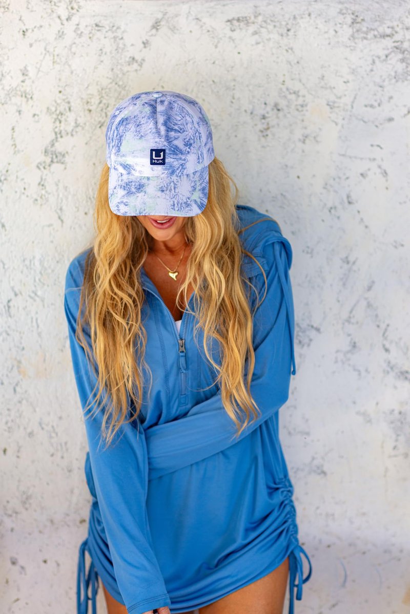 HUK Womens Washed Dad Hat, Low-Profile, Adjustable Ladies Fishing Hat, Aqua Dye - White, One Size